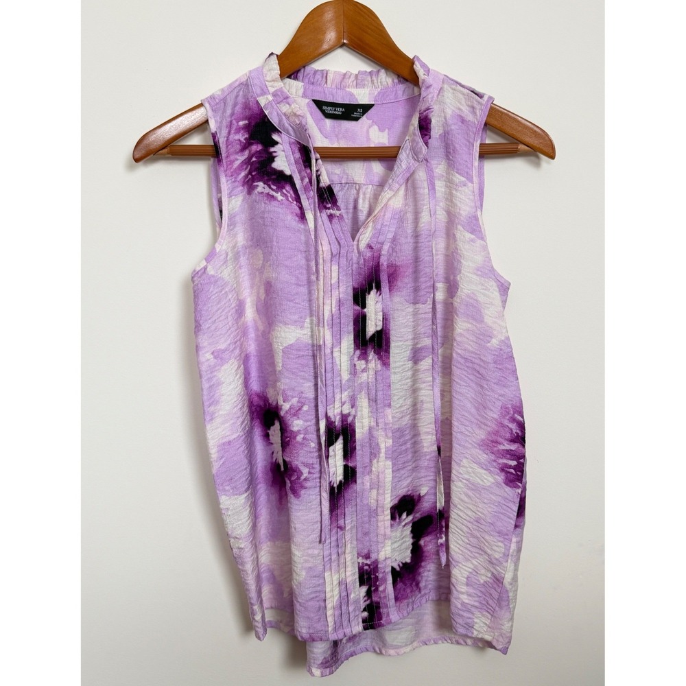 Simply Vera Vera Wang Blouse Women XS Purple Floral Pintuck Sleeveless Top